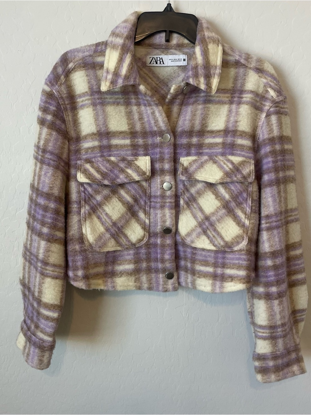 ZARA Plaid Cropped Shacket Purple Cream Pastel Flannel Jacket size: M